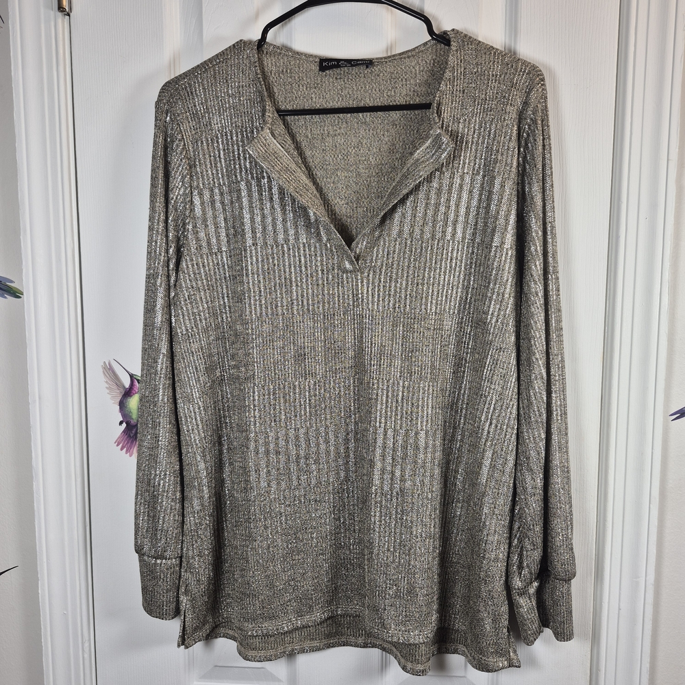 Kim & Cami L Gold Metallic Ribbed Long Sleeve Shirt Sparkly Glam